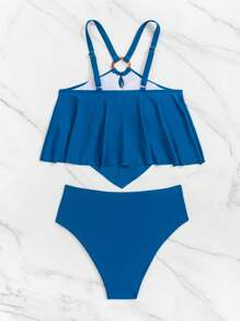 Swim Lushoire Solid Ruffle Hem Tankini Set, For Summer Beach Vacation - Dusty Blue - View 4