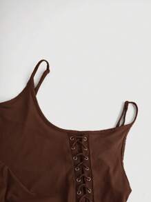 SHEIN MOD Brown Spaghetti Strap Top With Lace-Up Hem & Flare Sleeves - Brown - View 3