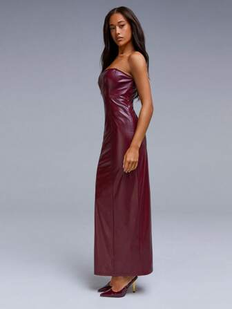 Athîral Women's Fashion Burgundy Faux Leather Strapless Fitted Maxi Dress Evening