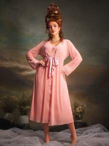 PinupGlam Retro Palace-Style Satin Mesh Lace Women Nightgown