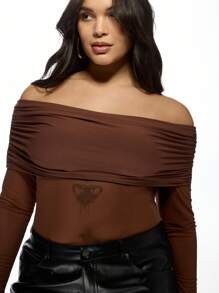 MISSGUIDED MISSGUIDED PLUS Ruched Off Shoulder Plus Size Bodysuit Long Sleeve Stretch Jersey Form Fitting Autumn Winter Party Evening Wear Casual Fashion Top