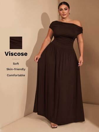 SHEIN BAE Große Größen Elegantes und vielseitig einsetzbares Off-Shoulder Stretch-Kleid in Schwarz für Damen, ideal für den Alltag, Partys, mit Schulterausschnitt, A-Linie Silhouette, Große Größen