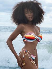SHEIN Swim Spring Break Women Beachwear Summer Outfit, Vintage Rainbow Print Fringe Lace-Up Bandeau Backless Bikini Two Pieces Set, Festival Boho - Multicolor - View 3