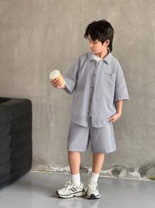 2 Pieces Set Of Tween Boys Casual Sport Shirts And Shorts For Boys, Featuring A Relaxed Fit, Texture Stripes, And A Turn-Up Collar, Is Suitable For Kids' Outfits, Toddler Boy Clothes, Back To School Boys Sets, Birthday Parties, Evening Events, Performances, Weddings, Baptisms, And School Commencements. It Is Suitable For Everyday Wear, School, Travel, Sports, And The Spring And Summer Seasons.