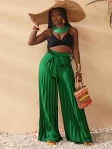 Slaydiva Quần ống rộng dài, cạp chun, buộc dây màu xanh đậm, dáng suông, xếp ly, dành cho nữ cỡ lớn, thích hợp mặc đi nghỉ mát. - màu xanh lá - Xem 4