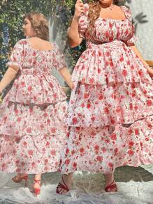 Lyrianda 大码波西米亚风方领松紧腰泡泡袖三层荷叶边下摆休闲连衣裙，适合夏季 - 彩色 - 查看 1