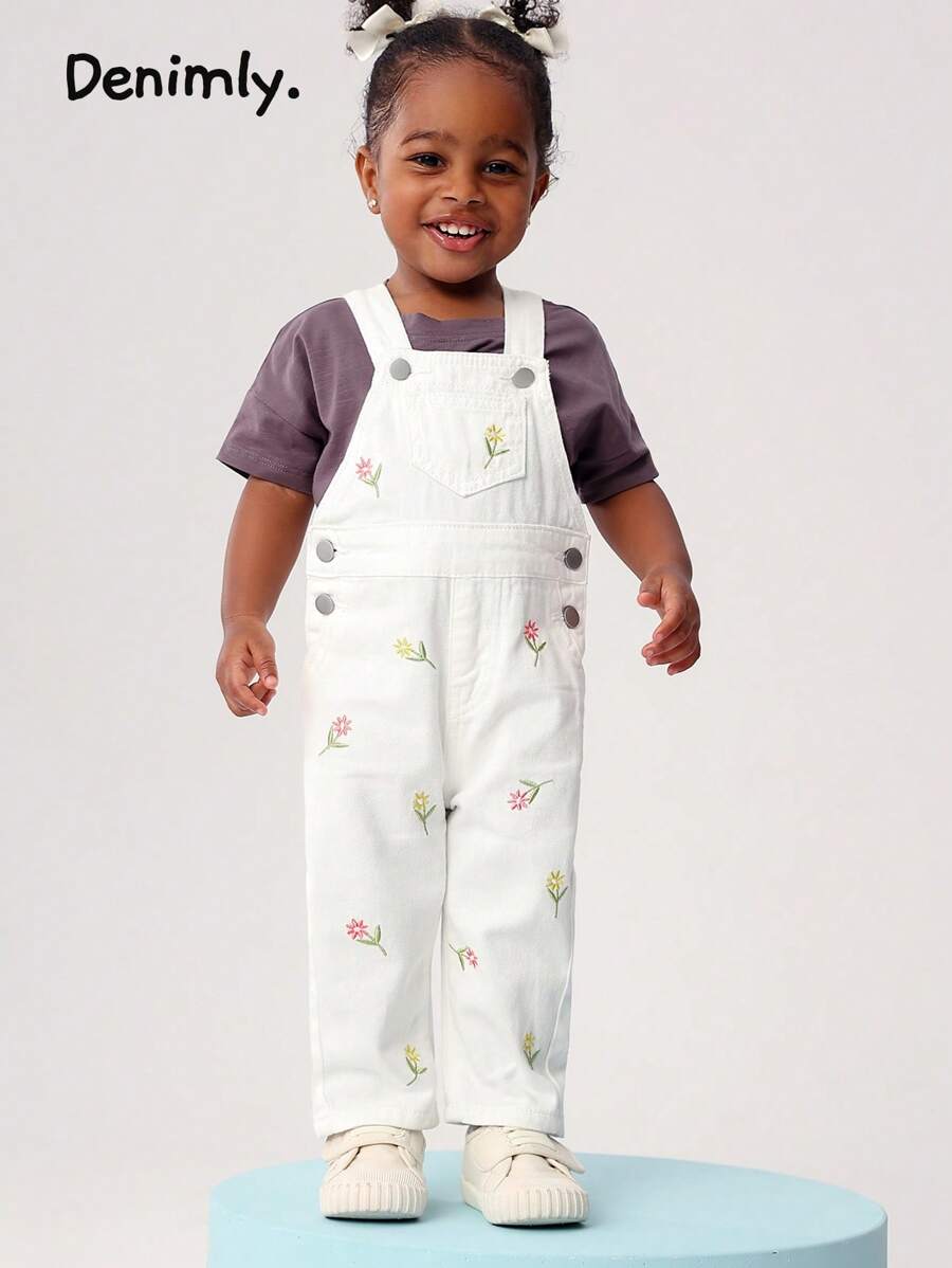 SHEIN Denimly 女童时尚休闲可爱花卉刺绣水洗白色牛仔背带裤