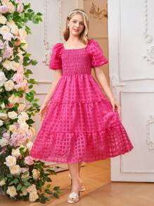 Vintage Sweet Square Neck Puff Sleeve Casual Snug Fit Mini Dress For Teenage Girls, Spring/Summer - Hot Pink - View 4