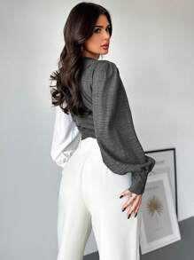 Firerie Áo kiểu nữ tay dài, cổ bẻ, hở vai, phối nhiều mảnh vải, thích hợp cho kỳ nghỉ xuân, phong cách đường phố sành điệu. - Xám - Xem 5