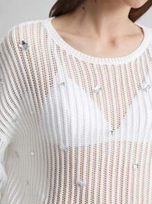 Ontre 2025 Spring Women's Bohemian Style Clothing, Valentine's Gift, Women's White Rhinestone Knitted Hollow Out Cover Up, Semi-Transparent - White - View 7