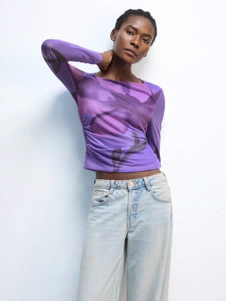 SHEIN Maija Valentine's Day Women's Spring And Summer New Purple Flower Print Elegant Modern Urban Daily Casual Tops T-Shirts Suitable For Going Out Festival Party Date Party Wedding Music Festival 90s Women's Retro Bohemian