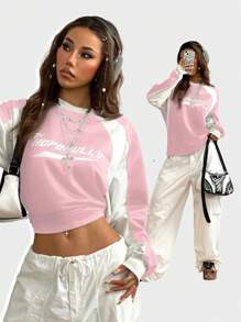 Coolane Áo nỉ dài tay họa tiết thể thao phối màu thời trang dạo phố thu đông dành cho nữ - Hồng - Xem 7