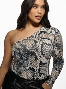 MISSGUIDED PLUS Plus Size One Shoulder Snake Print Bodysuit Long Sleeve Form Fitting Party Club Night Out Dance Office Wear Statement Fashion Piece Winter Fall - Multicolor - View 5