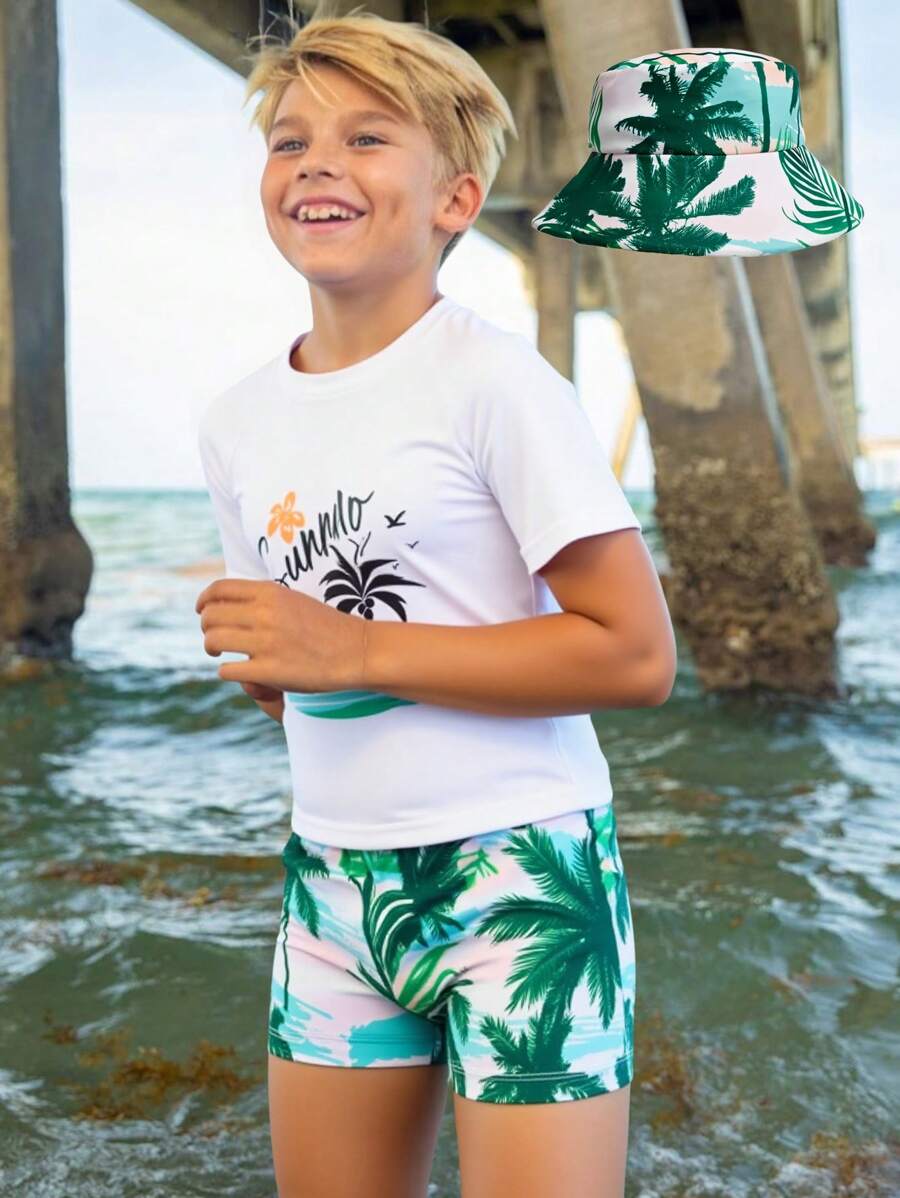 SHEIN 3pcs/Set Tween Boy Vacation Palm Tree Graphic Swimsuit, Swim Trunks & Hat - White - View 1