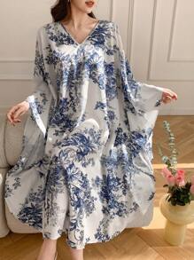 DAZY 女士全身印花宽松中长连衣裙，秋季长袖连衣裙，度假装扮，女士复活节长款连衣裙 - 藍色 - 查看 3