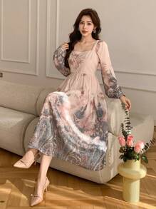 DAZY 女士全花卉泡泡袖方领中长连衣裙，秋季连衣裙长袖连衣裙