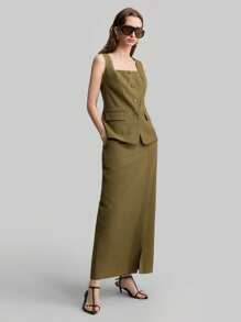 Ontre Conjunto de falda y chaleco de cuello cuadrado, de tela de lino, estilo resort, color verde militar, conjunto de uso diario, conjunto de chaleco sin mangas, traje de mujer