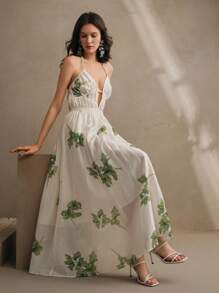 Anewsta 女士花卉提花印花 V 领收腰夏季连衣裙，优雅节日、海滩、春夏季度假装