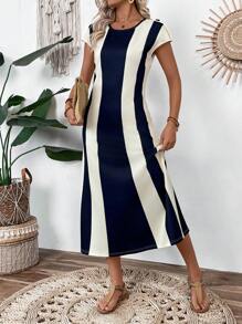Breezaya Women's Casual Elegant Contrast Color Striped Batwing Sleeve Button Decor Cinched Waist Midi Dress - Multicolor - View 5