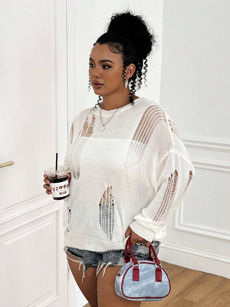 SHEIN EZwear Áo len dệt kim mỏng nhẹ cơ bản cỡ lớn, màu trơn, thoáng khí, cho mùa xuân/hè - trắng - Xem 1