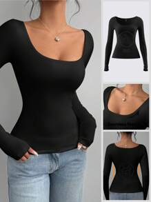 SHEIN BASICS Women's Casual Solid Color Knitted Fitted Long Sleeve Crew Neck Regular T-Shirt Playera Manga Larga Damawhite Top Long Sleevebasic Long Sleeve Tops - Black - View 2