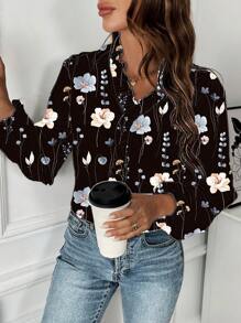 SHEIN LUNE Women's Summer Casual Country Western Ruffle Collar Lantern Sleeve Pattern Print Long Sleeve Blouse - Black - View 5