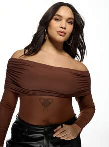 MISSGUIDED MISSGUIDED PLUS Ruched Off Shoulder Plus Size Bodysuit Long Sleeve Stretch Jersey Form Fitting Autumn Winter Party Evening Wear Casual Fashion Top