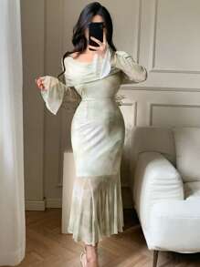 DAZY Women's Floral Trumpet Sleeve Fishtail Midi Dress Elegant,Ruffle,Fall Dress Long Sleeve Dress - Mint Green - View 6