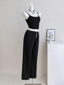 Wildeya Teenager Mädchen Set aus ärmelloser Kontrast Schwarz & Weiß Bluse und hochgeschnittener Weite Strick Hose, lässiger Basic für Sport