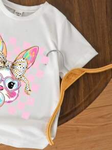 小女孩卡通兔子印花圆领短袖休闲 T 恤 - 白色 - 查看 3