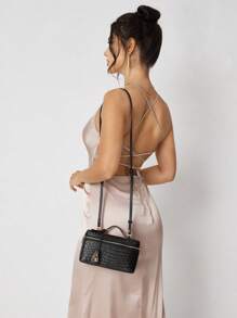 SHEIN SXY Túi xách nữ, Túi xách tay nữ, Túi dệt, Thời trang, Đơn giản, Thanh lịch, Đa năng, Cổ điển, Túi dệt PU, Túi màu đỏ, Trang trí ổ khóa kim loại, Đi làm, Văn phòng, Hẹn hò, Hàng ngày, Mua sắm, Trà chiều - màu đen - Xem 8