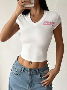 Flirla 女士修身 V 领短袖纯色 T 恤，夏季