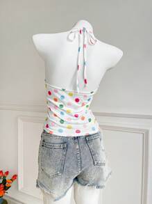SHEIN Unity Valentine's Day Polka Dot Bowknot Ruffle Halter Neck Camisole - Multicolor - View 2