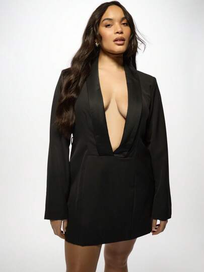 MISSGUIDED PLUS Sleek Plunging Blazer Dress Plus Size Party Mini Evening Formal Office Professional Deep V-Neck Statement Special Occasion Long Sleeve