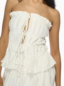 MISSGUIDED Elegant Pleated Bandeau Summer Top Ruched Tie Front Strapless Evening Party Club Wear Date Night Casual Beach Vacation Blouse - White - View 5