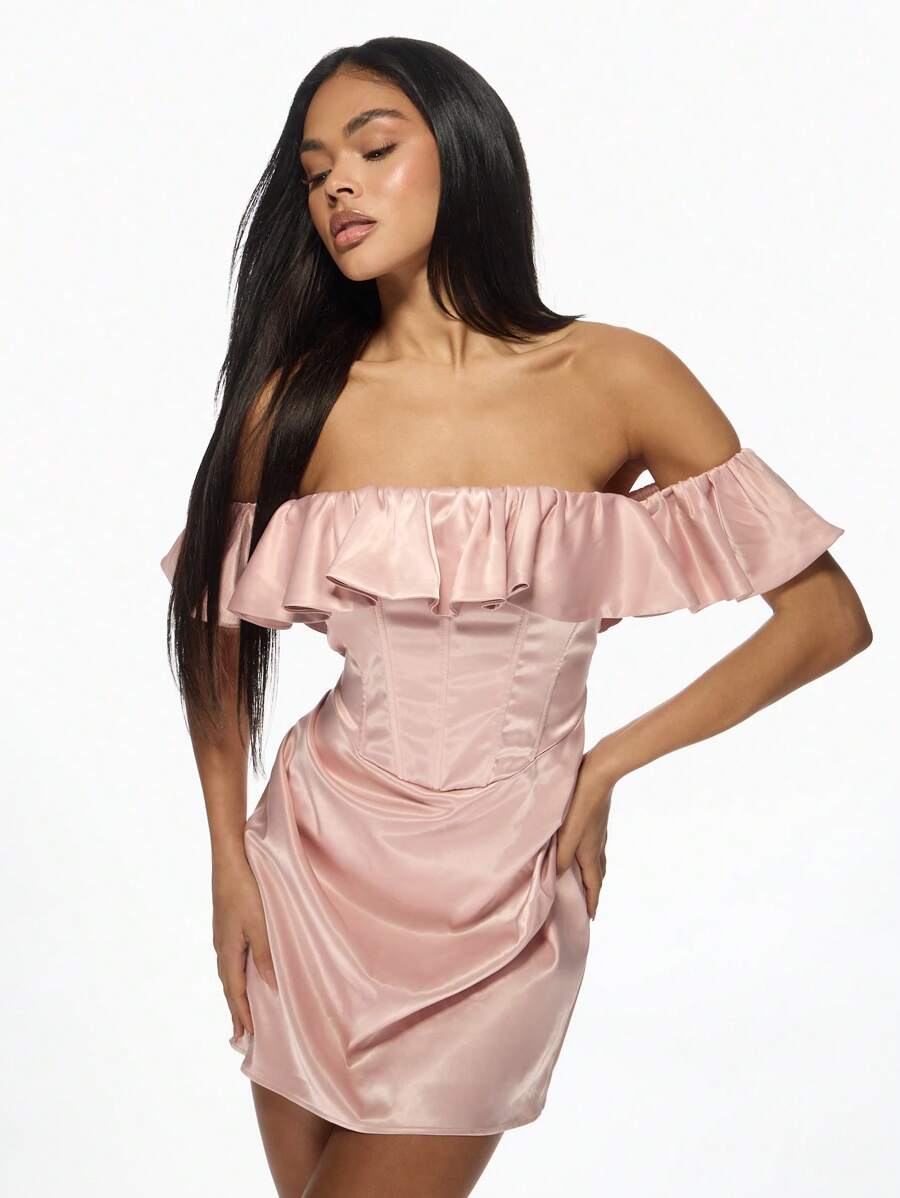 strapless ruffle shoulder satin mini dress Satin Strapless Tiered Bubble Mini Dress 52146