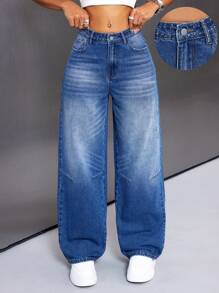 SHEIN ICON Women's Casual Washed Loose Straight Leg Jeans - Blue - View 3
