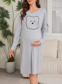 Cute Bear Line Print Breastfeeding Design Maternity Long Sleeve Nightgown - Light Grey - View 4