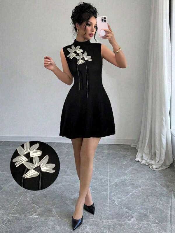 Elenzga Rochie mini fără mâneci cu decor floral 3D elegant pentru femei
