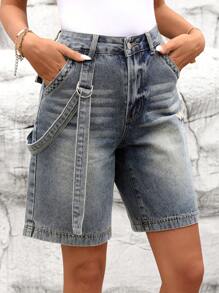 SHEIN LUNE Pantalones cortos vaqueros Bermuda casuales con bolsillos rotos para mujer
