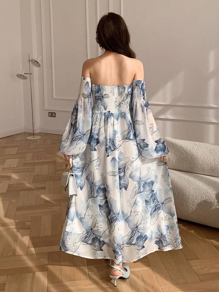 Floral Off Shoulder Midi Dress For Women,Milkmaid Dress,Fall Dress Long Sleeve Dress Boho