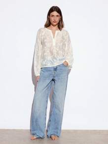 SHEIN Maija 2025 夏季新款奶油黄色欧根纱刺绣透明 V 领灯笼袖休闲衬衫，浪漫都市度假装，适合户外聚会、婚礼、毕业派对、女士上衣 - 杏色 - 查看 3