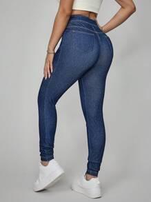 SHEIN Essnce 女士前扣口袋修身休闲牛仔裤，日常穿着 - 藍色 - 查看 2