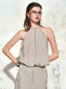 Aveloria 女士优雅性感无袖露背抽绳上衣 - 淺灰色 - 查看 2