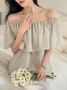 DAZY Blusa de mujer con diseño de hombros descubiertos, volantes, top de hombros descubiertos, top de estilo babydoll - Gris - Ver 1