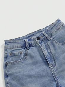 ROMWE Kawaii Quần short denim thường ngày mùa hè cỡ lớn có trang trí nơ - Màu xanh lam - Xem 3