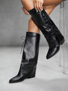 CUCCOO SZL Fashionable Black Side Lace-Up Thigh High Boots, For Holidays, Music Festival For Spring Shoes Spring Break Easter For Christmas - Black - View 4