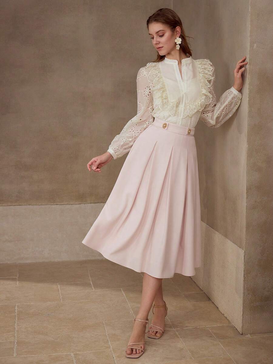 MOTF PREMIUM 对比色蕾丝荷叶边衬衫 - 杏色 - 查看 1