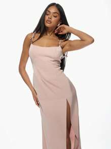 MISSGUIDED Vestido midi elegante con tirantes de lazo y abertura lateral para fiesta de noche, boda, invitado formal, verano y ocasiones especiales, con sensación de satén - Rosa vieja - Ver 5