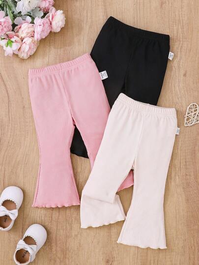 SHEIN Vintaside Kids 3 st/set Baby Girl vår/sommar Flare byxor, innehåller klassisk rosa, aprikos och svarta färger, med mjukt ribbstickat tyg för bekvämt, flexibelt och hela dagen